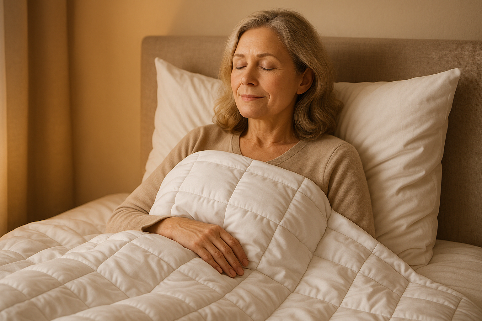 50 years old lady wearch white cotton weighted blanket