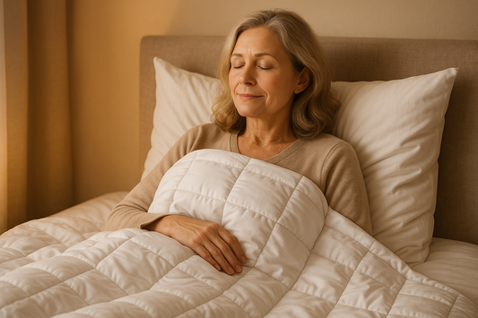 50 years old lady wearch white cotton weighted blanket